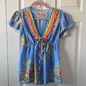 Johnny Was Colorful Floral V-Neck Top